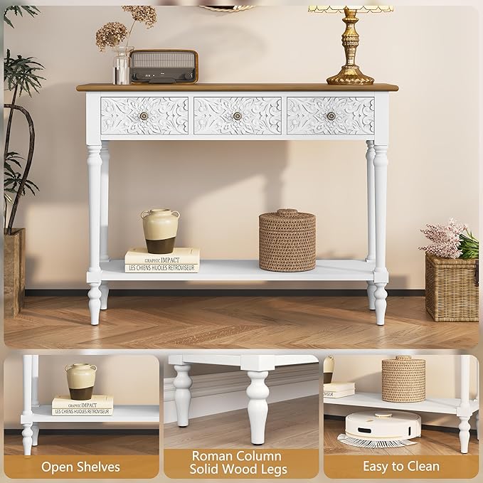 3More Entryway Console Table with 3 Drawers,42" Carved Hallway Table with Open Shelf,Long Sofa Table for Living Room, Hallway, Behind Couch,White