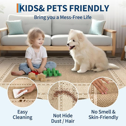 GarveeHome Modern Neutral 9x12 Area Rug Large Washable Rugs for Living Room, Low Pile Non Slip Stain-Resistant Soft Carpet, Contemporary Border Pattern Floor Mats for Home Decor, Linen Color