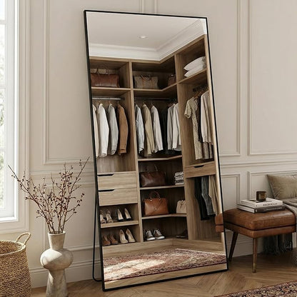 Antok 81''x41'' Full Length Mirror, Shatterproof HD Oversized Floor Mirror with Stand, Aluminum Alloy Frame Leaning Standing or Wall Mounted Mirror for Bedroom Living Room Entryway, Black