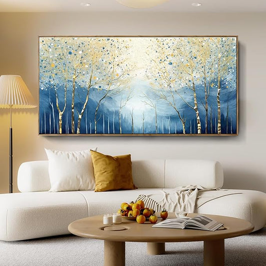Extra Framed Modern Living Room Wall Art. Abstract Landscape Canvas Print Picture, Blue And Yellow Plant And Forest Artwork For Offices, Studies, Bedrooms, Dining Rooms, And Lounges. 58X29 Inches.