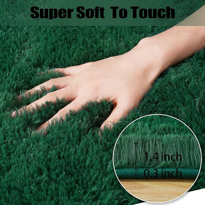 qulint 5x7 Area Rug for Living Room, Fluffy Green Rug for Bedroom Soft Shag Large Carpet for Nursery, Shaggy Fuzzy Alfombra for Boys and Girls Dorm Kid Room Office Home Decor (5ft x 7ft, Dark Green)