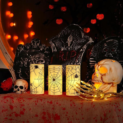 Flameless Candles Battery Operated with Timer, Set of 3 Spider Cobweb Decals Yellow Light Real Wax LED Flickering Pillar Candles Dinner Tabletop Halloween Home Decoration (3" x 6")