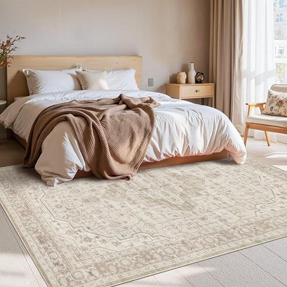 Rugxara Washable Area Rug for Living Room, Vintage Neutral Boho Rugs for Office, Dining Room, Kids Room, Farmhouse, Durable Low Pile Non Slip Carpet for High Traffic Areas, Cream(4x6ft)