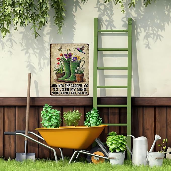 Vintage Garden Tin Sign And Into The Garden I Go To Lose My Mind And Find My Soul Metal Tin Sign for Outdoor Flowers Decor Gardening Yard Art 12x16Inch