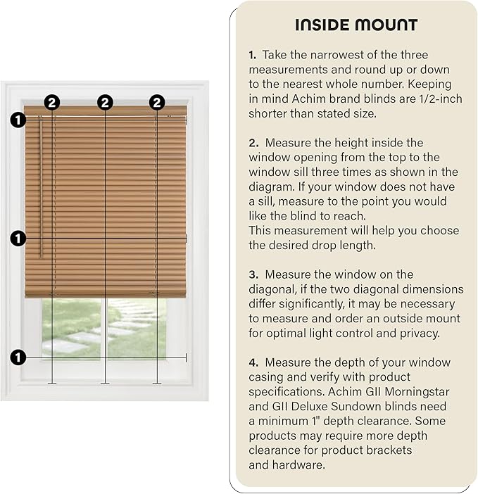 Cordless Light Filtering Mini Blind - 35 Inch Width, 64 Inch Length, 1" Slat Size - Grey - Cordless GII Morningstar Horizontal Windows Blinds for Interior by Achim Home Decor