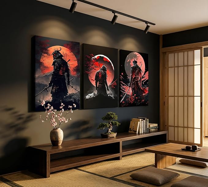 3pcs Japan Samurai Canvas Wall Art Japanese Bushido Posters Prints Paintings Japanese Style Full Moon Ninja Wall Decor Pictures for Living Room Bedroom Home Artwork Decoration Unframed