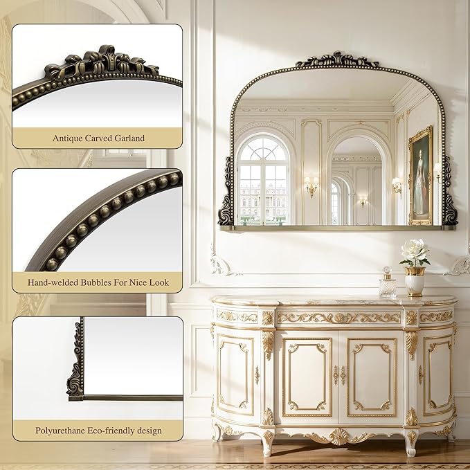 Large Bronze Vintage Mirror - 28"X36" French Baroque Antique Mirror - Traditional Ornate Decorative Wall Mounted Arched Mirrors for Bedroom Mantel Entryway Hallways - Home Decor for Living Room
