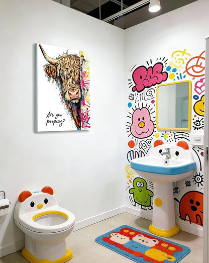 Funny Highland Cow Bathroom Wall Art, Are You Pooping? Graffiti Pop Art Canvas Prints, 16x24 Inch Framed Humorous Farmhouse Bathroom Decor, Colorful Cow Picture for Toilet Washroom Powder Room