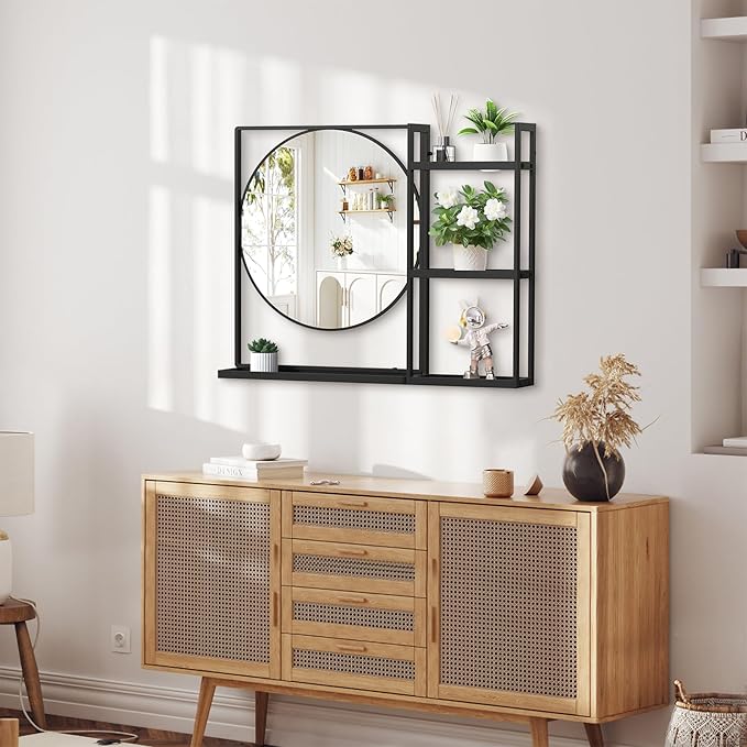 Black Metal Framed Bathroom Mirror with Shelf, 31" X 24.4" Rectangular Wall Mounted Bathroom Vanity Mirror, Modern Bathroom Mirror with Storage for Over Sink, Entryway