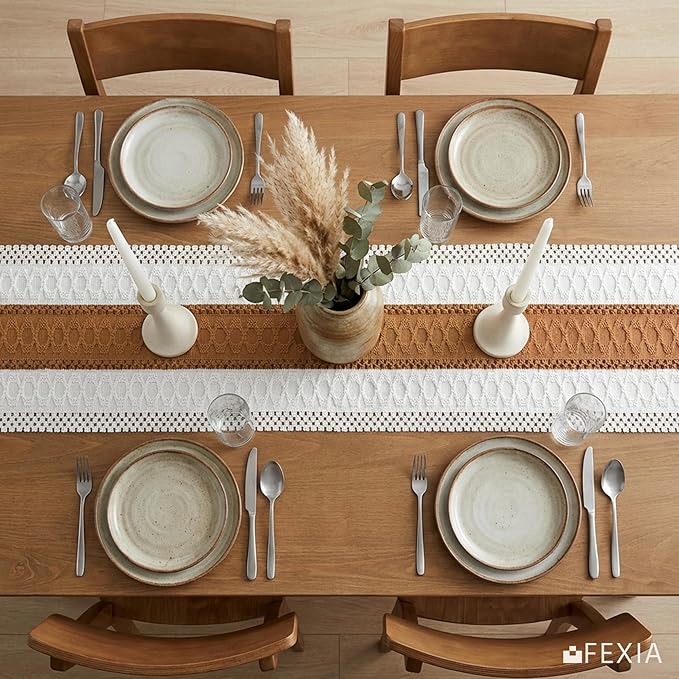 FEXIA Boho Table Runner with Tassels 72 Inches Long for Summer Home Decor Farmhouse Rustic Macrame Burlap Table Decoration for Living Room Dining Room, Reddish Brown(12x72 Inches)