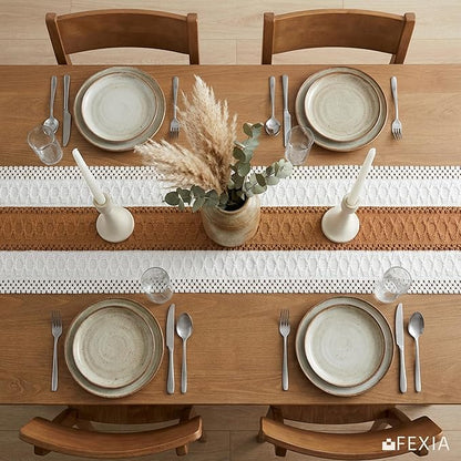 FEXIA Boho Table Runner with Tassels 72 Inches Long for Summer Home Decor Farmhouse Rustic Macrame Burlap Table Decoration for Living Room Dining Room, Reddish Brown(12x72 Inches)