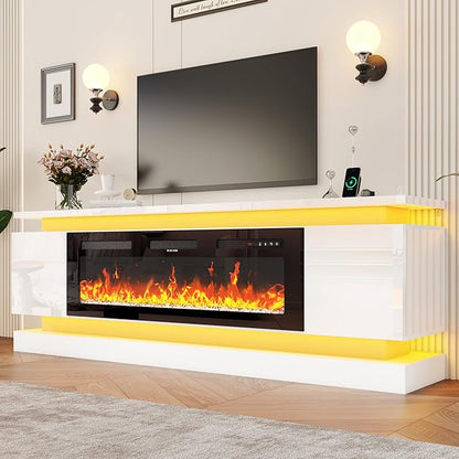 chartustriable 81IN LED TV Stands w/50 inch Fireplace Power Outlet for 90/85/80/75 Inch TVs,High Glossy Tall Modern TV Media Console Gaming with 2 Storage Cabinets,Dual LED Lights,White