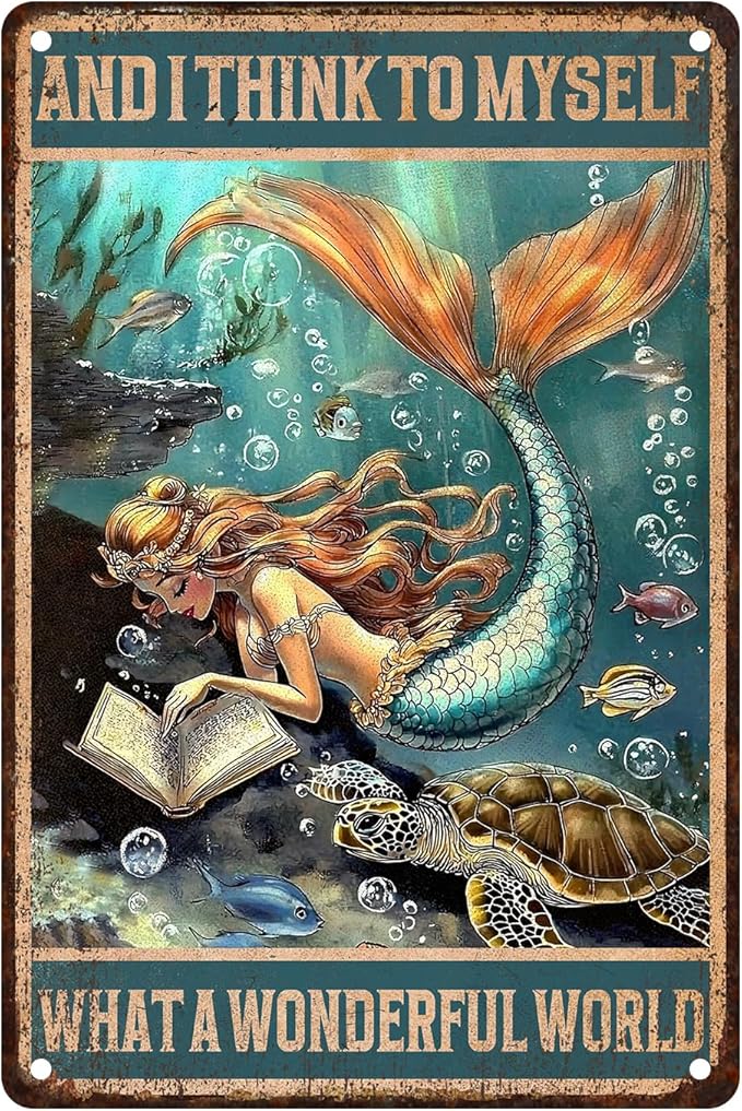Mermaid Bathroom Wall Art, Vintage Coastal Metal Tin Sign for Beach House & Girls Room Decor - Rustic 8x12 Inch