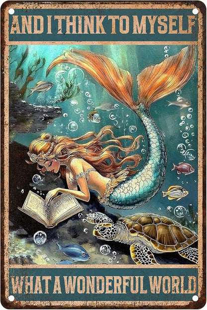 Mermaid Bathroom Wall Art, Vintage Coastal Metal Tin Sign for Beach House & Girls Room Decor - Rustic 8x12 Inch