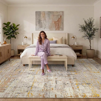 Rugxara 10x14 Extra Large Washable Area Rug, Soft Abstract Vintage Rug for Living Room, Bedroom, Office, Farmhouse, Low Pile Imitation Wool Non Slip Carpet Ideal for High-Traffic Areas, Beige Gold