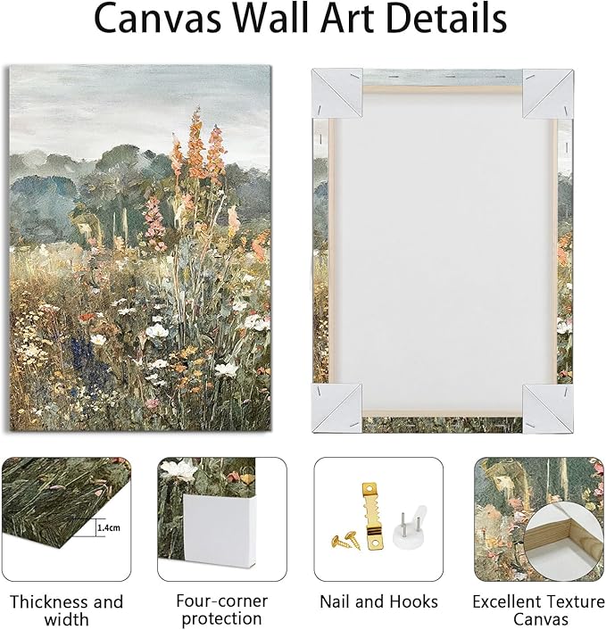 WENGTIAO 3Pcs Spring Wildflower Field Canvas Wall Art Prints Rustic Meadow Landscape Painting Nature Watercolor Flower Pictures Poster Vintage Farmhouse Artwork for Living Room Bedroom 16”x24”x3
