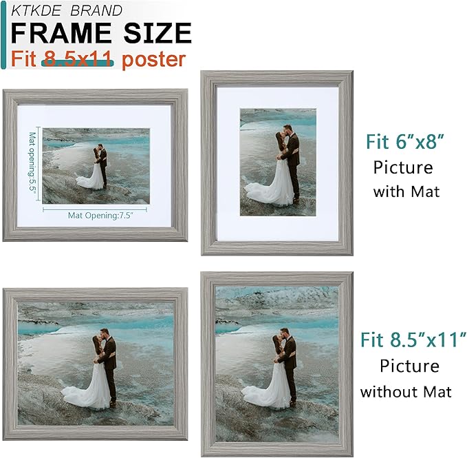 KTKDE 8.5X11 Picture Frame,Display Pictures 6x8 with Mat or 8.5x11 Without, Tempered Glass, 8.5 by11 Gray Wooden Frames Wall or Tabletop Frame,Certificate Document Diploma Award Frame best gift