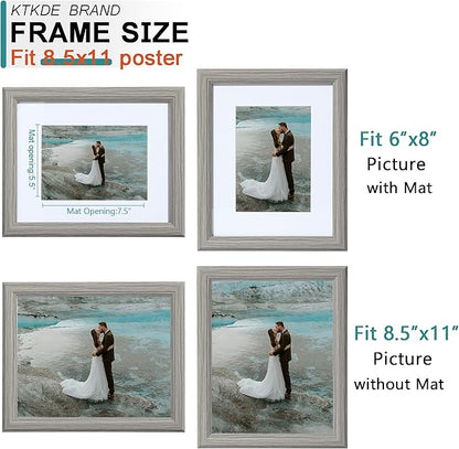 KTKDE 8.5X11 Picture Frame,Display Pictures 6x8 with Mat or 8.5x11 Without, Tempered Glass, 8.5 by11 Gray Wooden Frames Wall or Tabletop Frame,Certificate Document Diploma Award Frame best gift