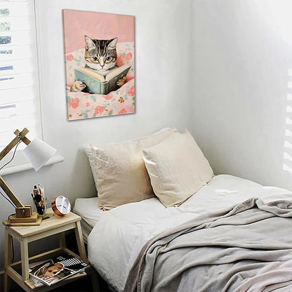 Framed Cats Canvas Wall Art, Funn Tabby Cat Reading Books Picture Wall Decor, Pink Vintage Animal Poster Prints for Girls Room Bedroom Kids Room Living Room Bathroom Decor 12x16 inch