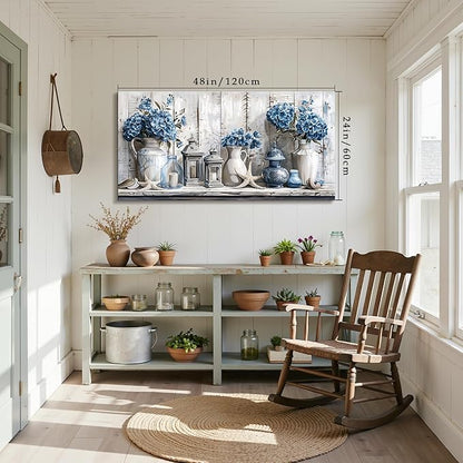 SERIMINO Floral Wall Art, Large Wall Decor, Hydrangea Wall Art, Rustic Beach House Decoration, Blue and Grey Canvas Prints, Earthy Pictures for Living Room Bedroom Mediterranean Farmhouse 24"x48"