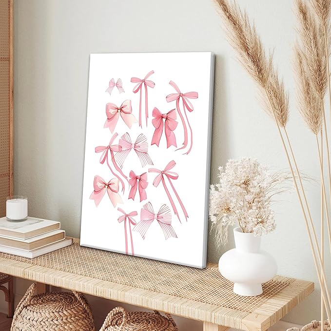 Fashion Pink Bows Wall Art Set of 3, Preppy Watercolor Cherry Cowboy Boots Wall Decor Posters, Cute Aesthetic Room Decor Canvas Prints Picture for College Girl Apartment Bedroom 16x24 Inch Framed