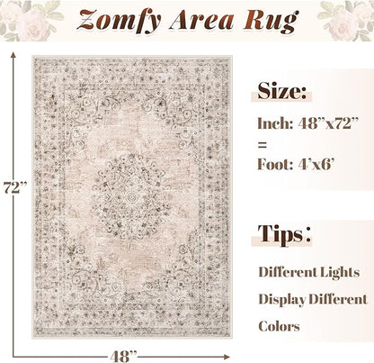 Area Rug 4x6 Vintage Rug: Washable Indoor Medallion Rugs Low Pile Distressed Floor Carpet Retro Accent Rug for Living Room Bedroom Kitchen Dining Table Home Office(Distressed Brown, 4'x6')
