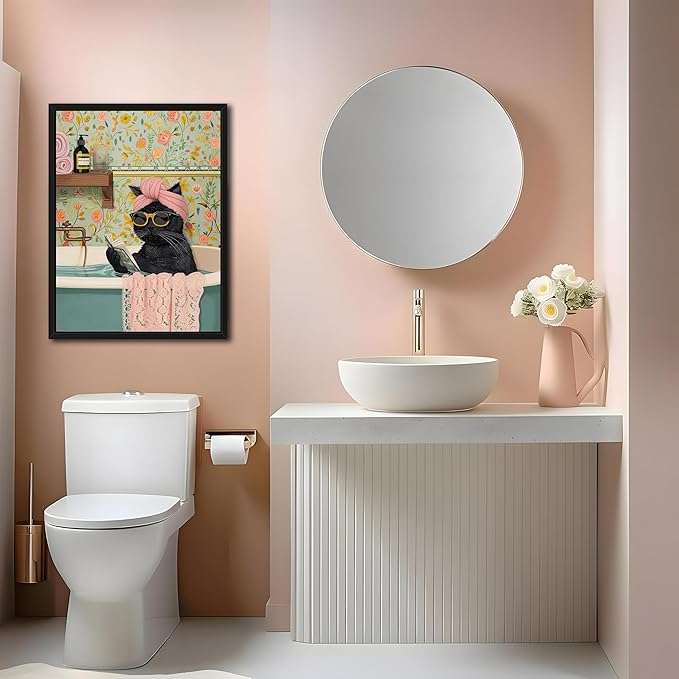 Floating Framed Bathroom Cat Canvas Wall Art, Funny Black Cat Reading Wall Decor, Cute Animal Prints Pictures Posters for Living Room Bedroom Toilet Kids Room Paintings 16x24 inch