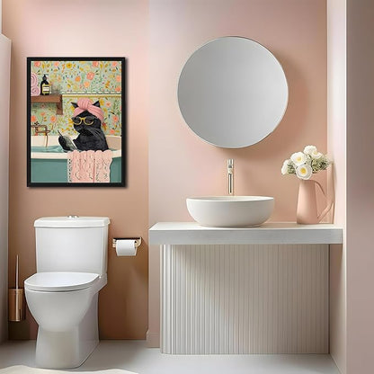 Floating Framed Bathroom Cat Canvas Wall Art, Funny Black Cat Reading Wall Decor, Cute Animal Prints Pictures Posters for Living Room Bedroom Toilet Kids Room Paintings 16x24 inch