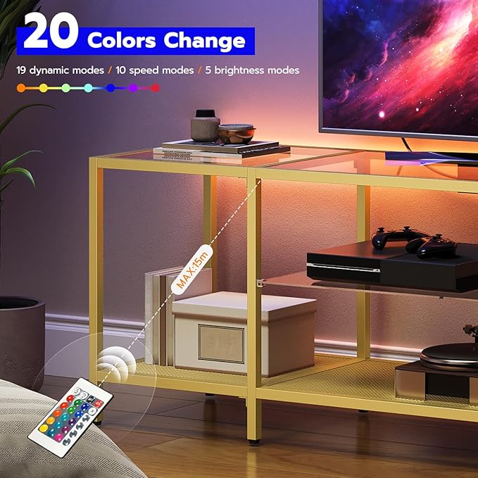 HOOBRO TV Stand with LED Lights and Power Outlets for TVs up to 65", Modern 55 Inch Tempered Glass TV Console Table with Open Shelves, Media Entertainment Center for Living Room, Gold GD145UDS01