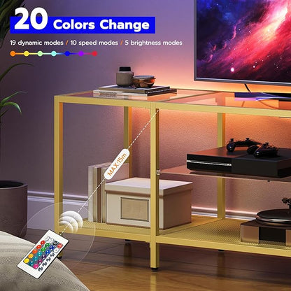 HOOBRO TV Stand with LED Lights and Power Outlets for TVs up to 65", Modern 55 Inch Tempered Glass TV Console Table with Open Shelves, Media Entertainment Center for Living Room, Gold GD145UDS01
