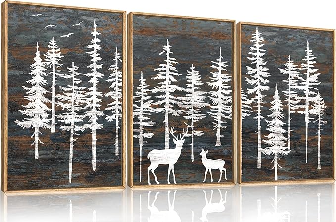 Modern White Forest Framed Canvas Wall Art Set, Minimalist Woodland Art Painting, Retro Tree Landscape Wall Decor, Wildland Deer Artwork for Living Room, Dining Room, Office-24 x36 x3