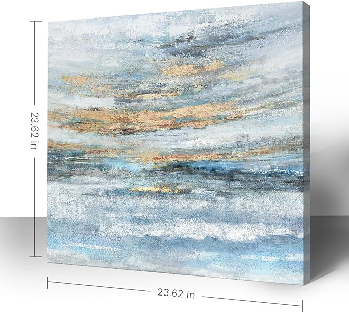 Abstract Canvas Wall Art Framed Light Blue Canvas Print Coastal Theme Artwork Modern Ocean Skyline and Sunset & Sunrise in the Seaside Large Sea Picture for Home Bedroom Decor 24x24inch