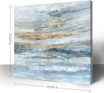 Abstract Canvas Wall Art Framed Light Blue Canvas Print Coastal Theme Artwork Modern Ocean Skyline and Sunset & Sunrise in the Seaside Large Sea Picture for Home Bedroom Decor 24x24inch
