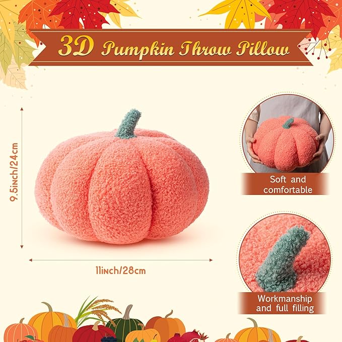 Kajaia 1 Pcs Simulated Pumpkin Plush Pillow 11 x 9.5 Inch 3D Cushion Fall Decorations Stuffed Throw Pillows Toy for Fall Halloween Thanksgiving Bedroom Sofa Couch Supplies (Pink)