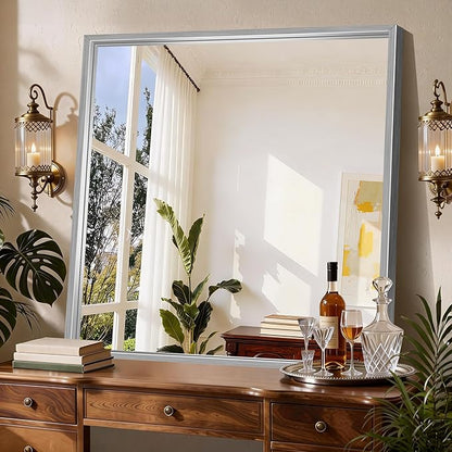 CIRCUMI 40"x40" Brushed Silver Mirror with Chunky Box Metal Frame, Bathroom Mirror for Vanity Remodel & New Home, Living Room, Entryway, Rectangular Wall Mirror, Tempered Glass, Vertical or Horizontal