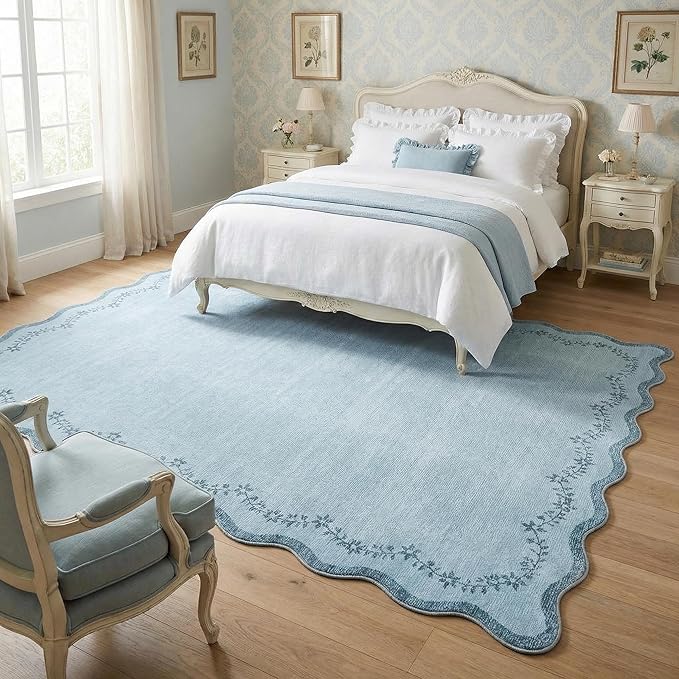GarveeHome Scalloped Area Rugs 8x10 for Girls Bedroom, Solid Blue Large Washable Rug Soft Non Slip Backing Floor Mat Carpet Indoor Thin Rug for Living Room Dining Room Playroom Nursery Home Decor