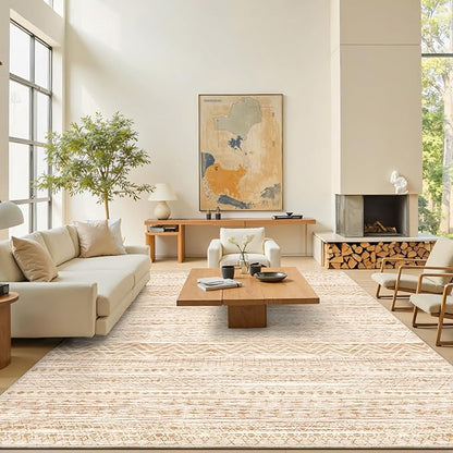 Miukiki 10x14 Area Rugs for Living Room Moroccan Washable Rugs Non Slip Indoor Floor Carpet Foldable Large Soft Area Rug with Low Pile for Dining Room Bedroom Office(Beige,10'x14')