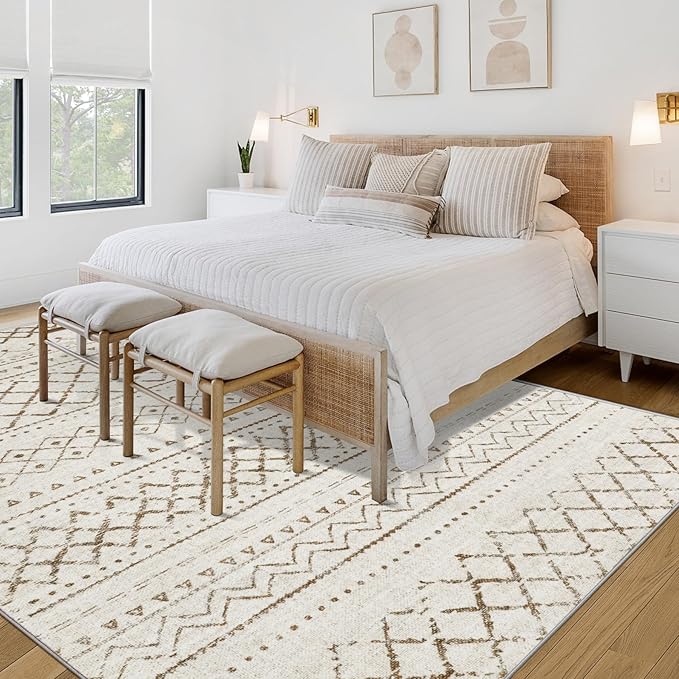 Area Rug 4x6 Geometric Rug: Washable Boho Moroccan Rugs Soft Farmhouse Rug, Modern Neutral Stain Resistant Indoor Floor Carpet for Livingroom Bedroom Dining Table Nursery(Brown,4X6)