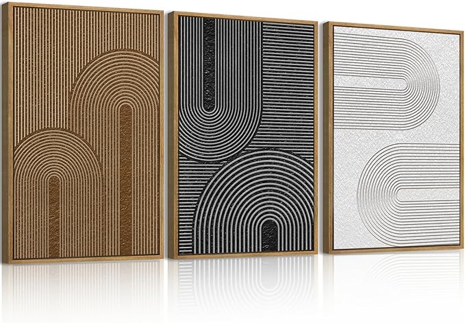 BINCUE Abstract Neutral Canvas Paintings Framed Modern Wall Art Neutral Geometric Wall Decor Modern Abstract Artwork Black and White Wall Paintings Brown Wall Pictures for Bedroom Living Room Office 16x24 Inch Set of 3