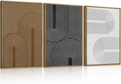 BINCUE Abstract Neutral Canvas Paintings Framed Modern Wall Art Neutral Geometric Wall Decor Modern Abstract Artwork Black and White Wall Paintings Brown Wall Pictures for Bedroom Living Room Office 16x24 Inch Set of 3
