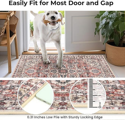 KOZYFLY Long Runners for Hallways 2x10 Ft Washable Kitchen Runner Rug Boho Style Entryway Rug Indoor Printed Faux Wool Stair Runner Carpet for Stairs Bedroom Kitchen Hall, Red Salmon/Pink/Navy