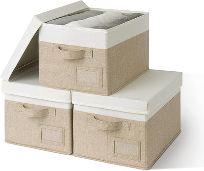 GRANNY SAYS Storage Basket with Lid, Linen Fabric Storage Bins with Label, Decorative Storage Boxes, Clothes Storage and Organization, Memory Keepsake Box, 3-Pack, Medium, Khaki&Ivory