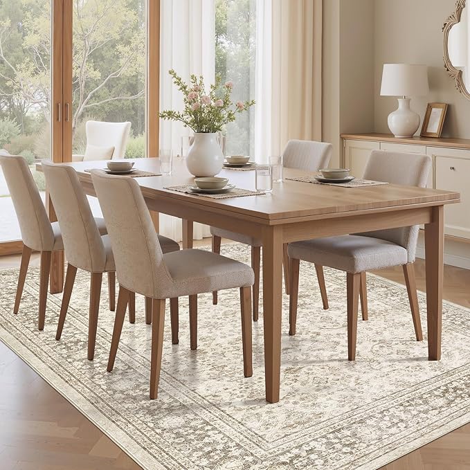 Area Rug 5x8 Washable Vintage - Soft Traditional Rugs for Living Room Large Non Slip Backing with Low Pile Farmhouse Oriental Retro Carpet for Bedroom Dining Room or Home Office - Yellowish Brown
