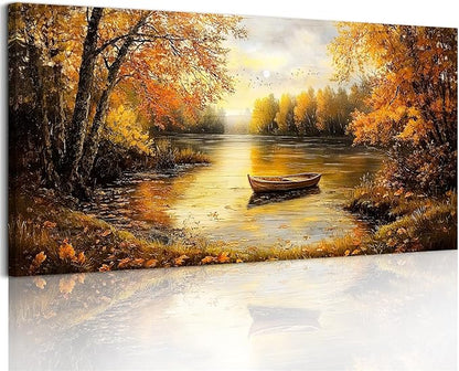 SERIMINO Fall Wall Art, Landscape Wall Art, Large Wall Decor, Lake Boat Forest Canvas Art Prints, Gold Autumn Nature Pictures, Rustic Paintings for Living Room Bedroom Dining Room Office Farmhouse 29"X57"