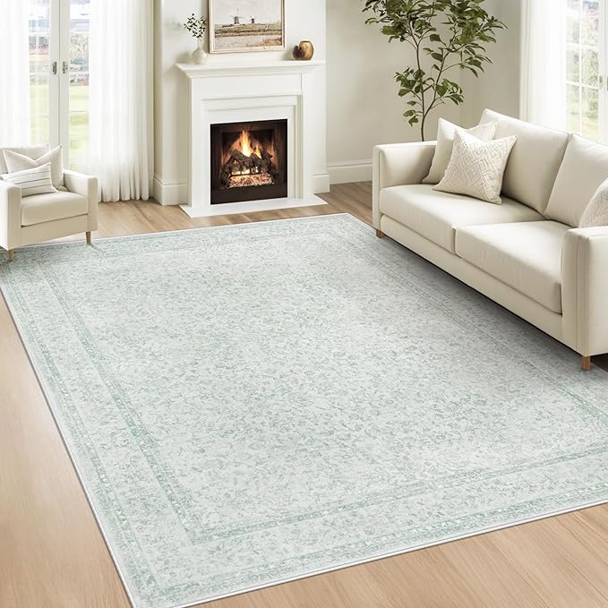 5x7 Area Rugs for Living Room: Washable Vintage Floral Rug Low Pile Non-Slip Boho Carpet for Nursery Bedroom Dining Room (Green, 5'x7')