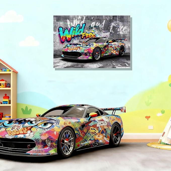 16x24 Modern Graffiti Sports Racing Car Canvas Wall Art Framed Urban Street Galley Oil Painting Gray Picture Teen Boys Pop Funny Home Decor Kids Bedroom Posters Men Office Living Room Cool Prints