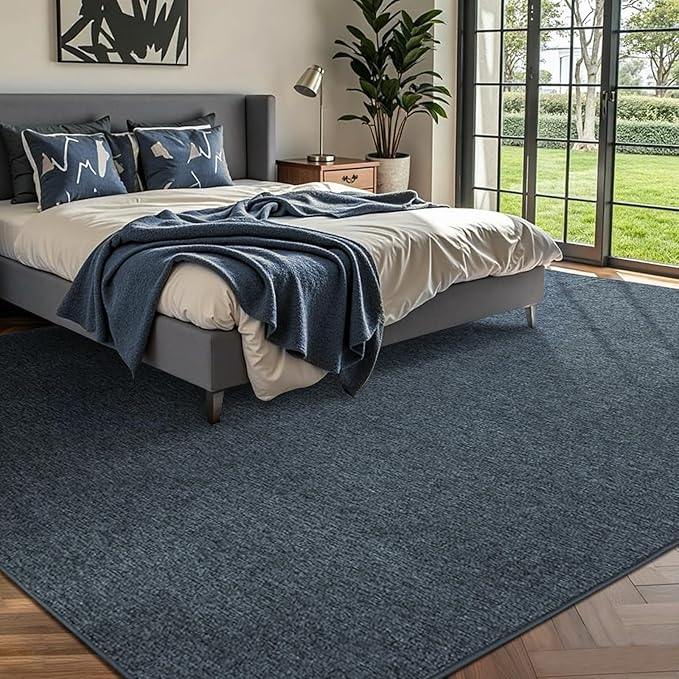 FinRèc 8x10 Washable Area Rugs for Bedroom Living Room, Low Pile Thin Rug Solid Color, Non-Slip Carpet Indoor for Home Decor (Grey Blue/White)