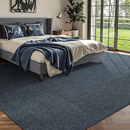 FinRèc 8x10 Washable Area Rugs for Bedroom Living Room, Low Pile Thin Rug Solid Color, Non-Slip Carpet Indoor for Home Decor (Grey Blue/White)