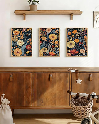 Drsoum Vintage Flower Wall Art Framed Retro Bohemian Boho Colorful Floral Plant Rustic Artwork Nature Botanical Wildflower Prints Bedroom Living Room Ready to Hang 11x14in Natural Framed