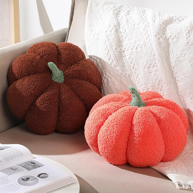 Kajaia 2 Pcs Simulated Pumpkin Plush Pillow 11 x 9.5 Inch 3D Cushion Fall Decorations Stuffed Throw Pillows Toy for Fall Halloween Thanksgiving Bedroom Sofa Couch Supplies (Orange,Brown)